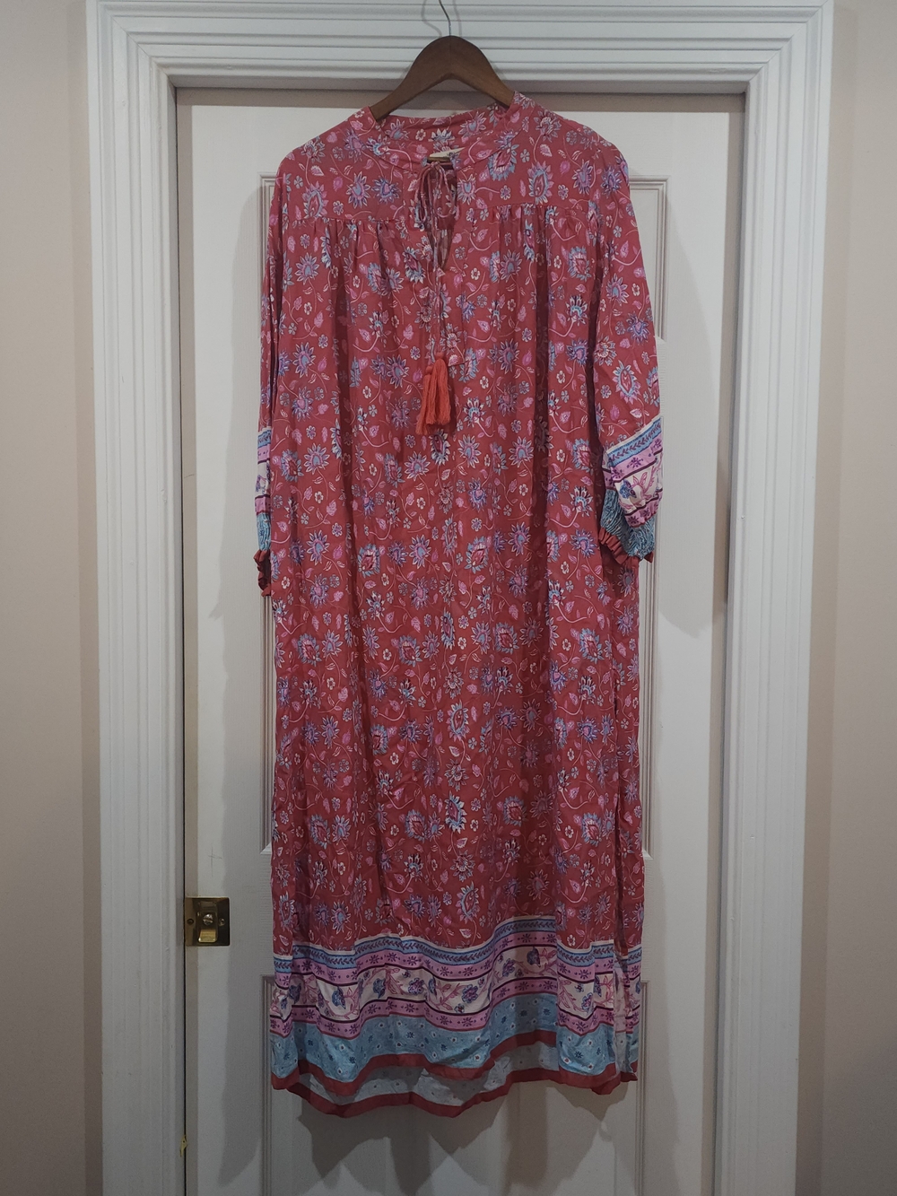 NATURAL LIFE Coral Floral Boho Maxi Dress with Tassel Tie